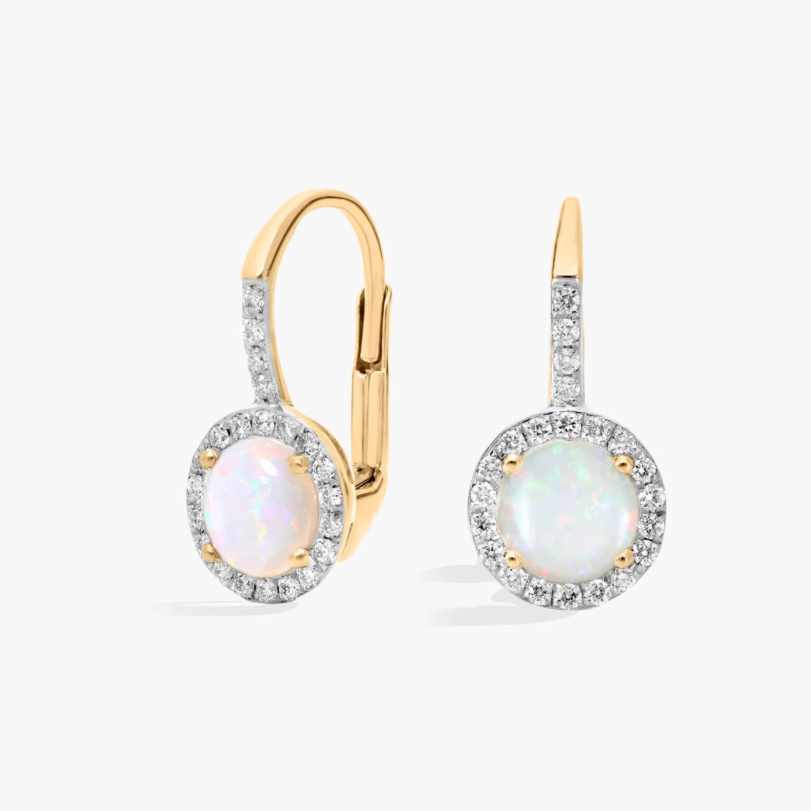 Round Opal and Diamond Halo Drop Earrings In 14k Yellow Gold 5.5mm