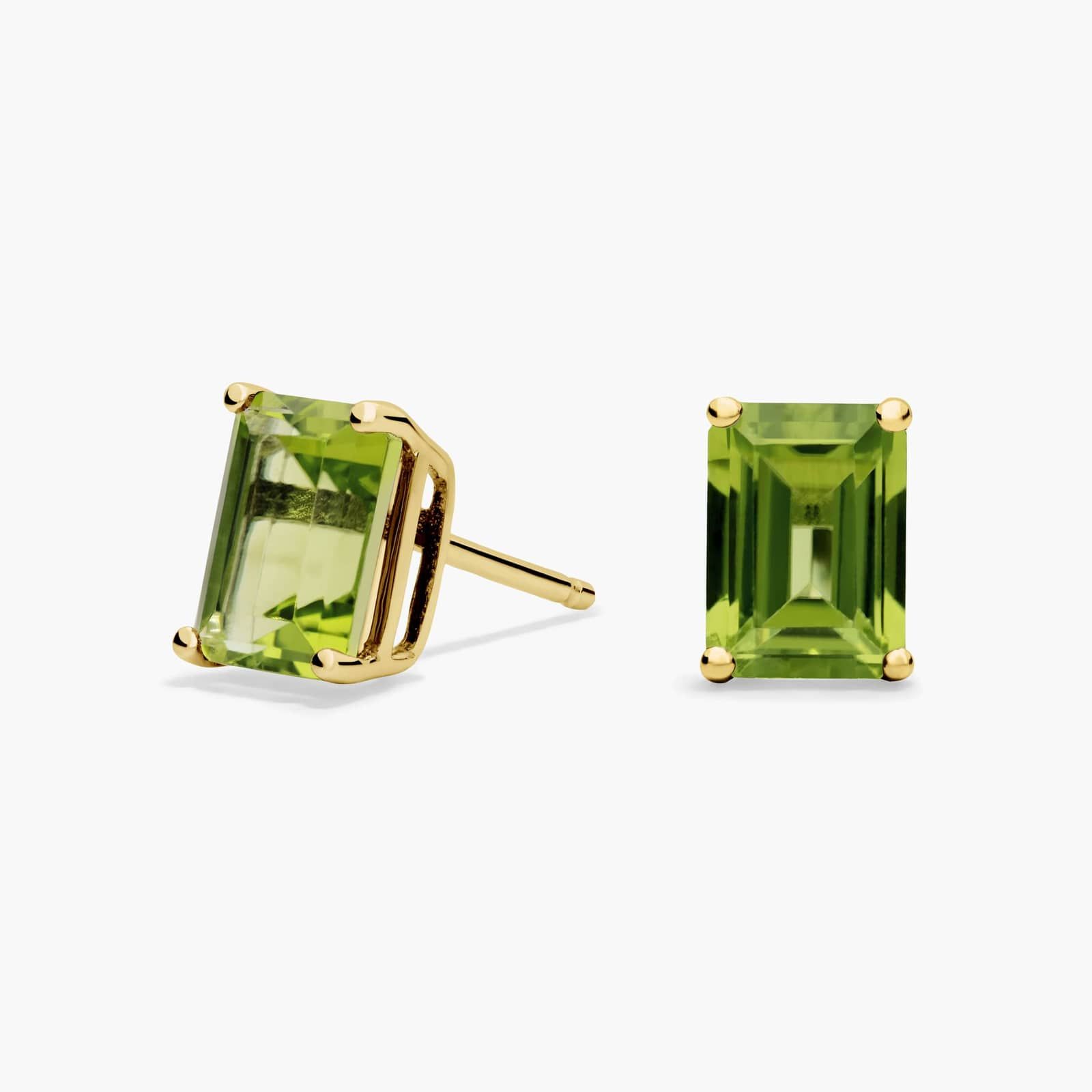 Emerald Cut Birthstone Peridot Stud Earrings In 14k Yellow Gold (7X5mm)