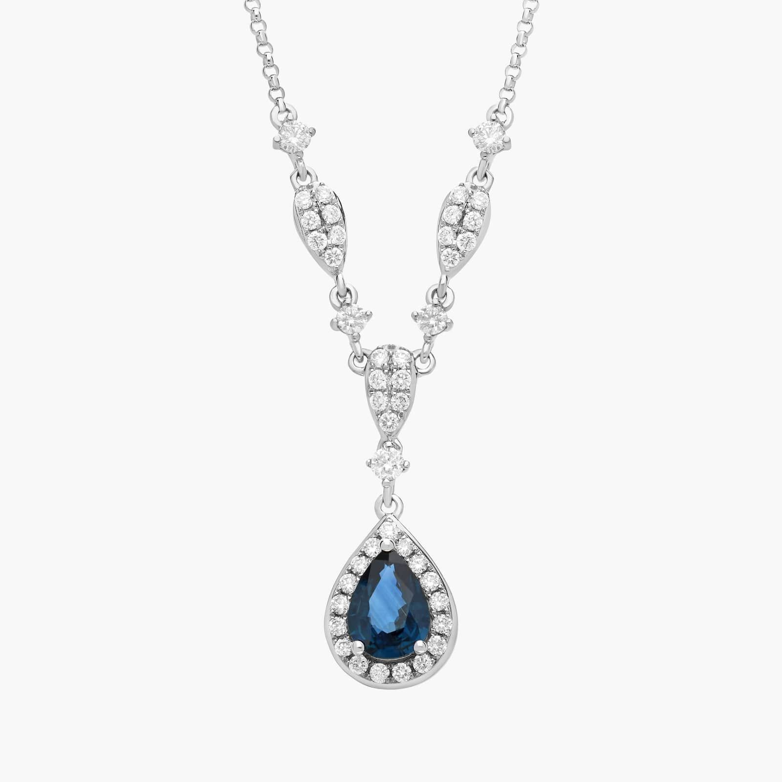Pear Shape Sapphire and Round Diamond Necklace In 14k White Gold (7X5 mm)