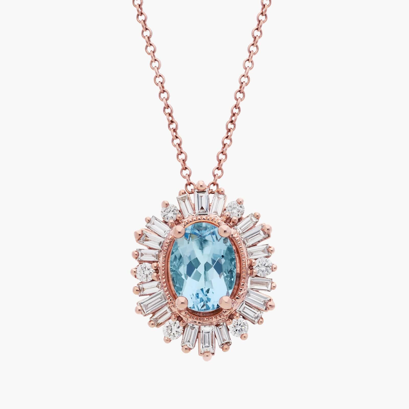 Oval Aquamarine Pendant Necklace With Baguette Halo In 14k Rose Gold (6X8mm)