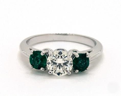 1ct Round, Side Green-Emerald Engagement Ring in 2.2mm 18K White Gold