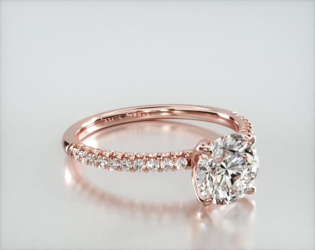 Petite French Pav Engagement Ring Embellished With a Four Prong Tulip Basket Head