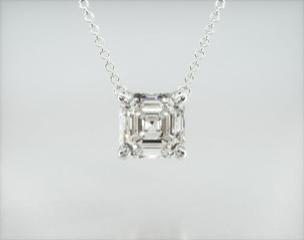 This light four prong wire basket is designed to showcase the unique characteristics of the asscher cut diamond of your choice. This lovely solitaire pendant is attached to an 18" cable link chain. Truly a classic design that is perfect for any occasion. Center diamond or gemstone purchase required