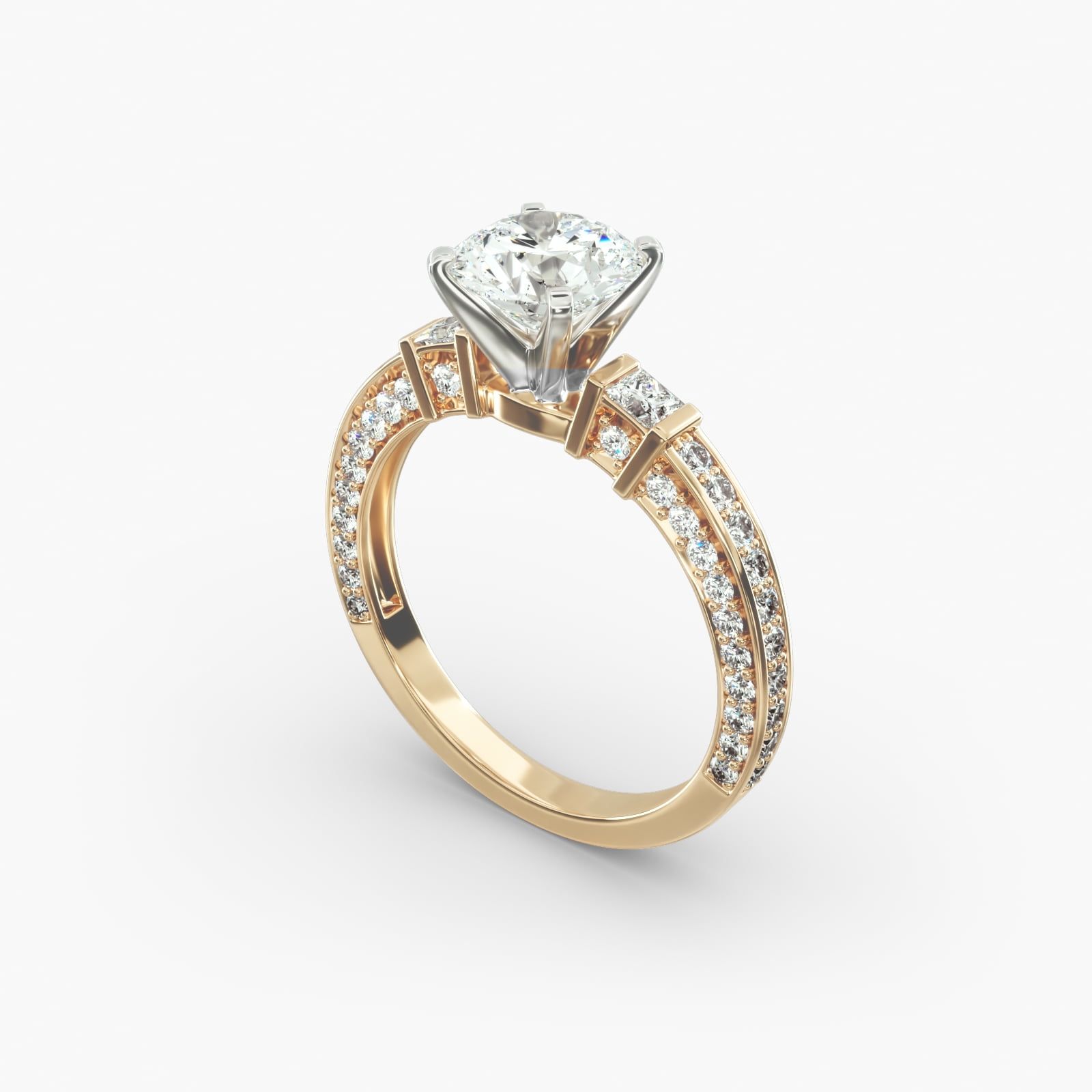 18K Yellow Gold Bar Set and Three Sided Pave Diamond Engagement Ring