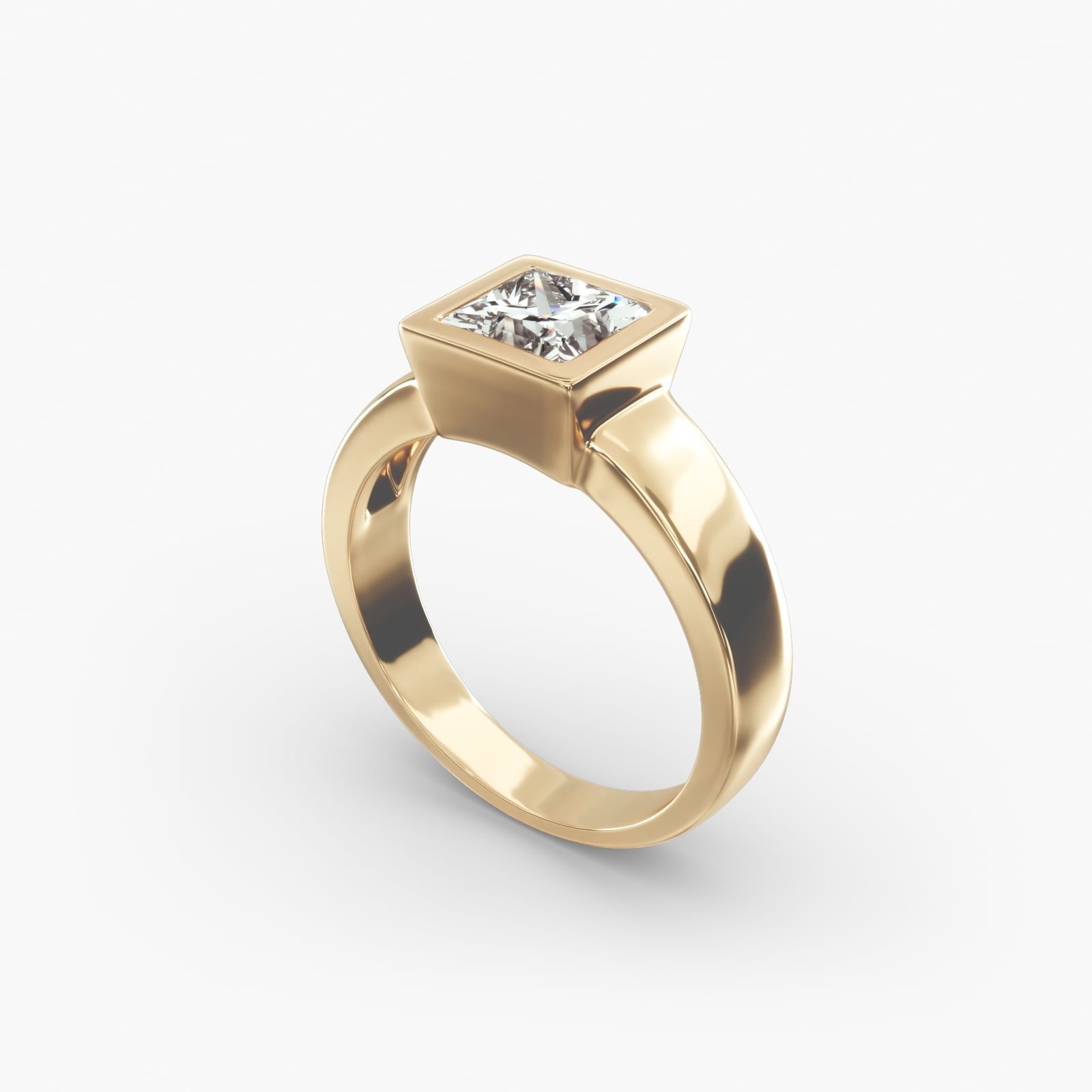 14K Yellow Gold Bezel Set Princess Shaped Diamond Solitaire Ring
