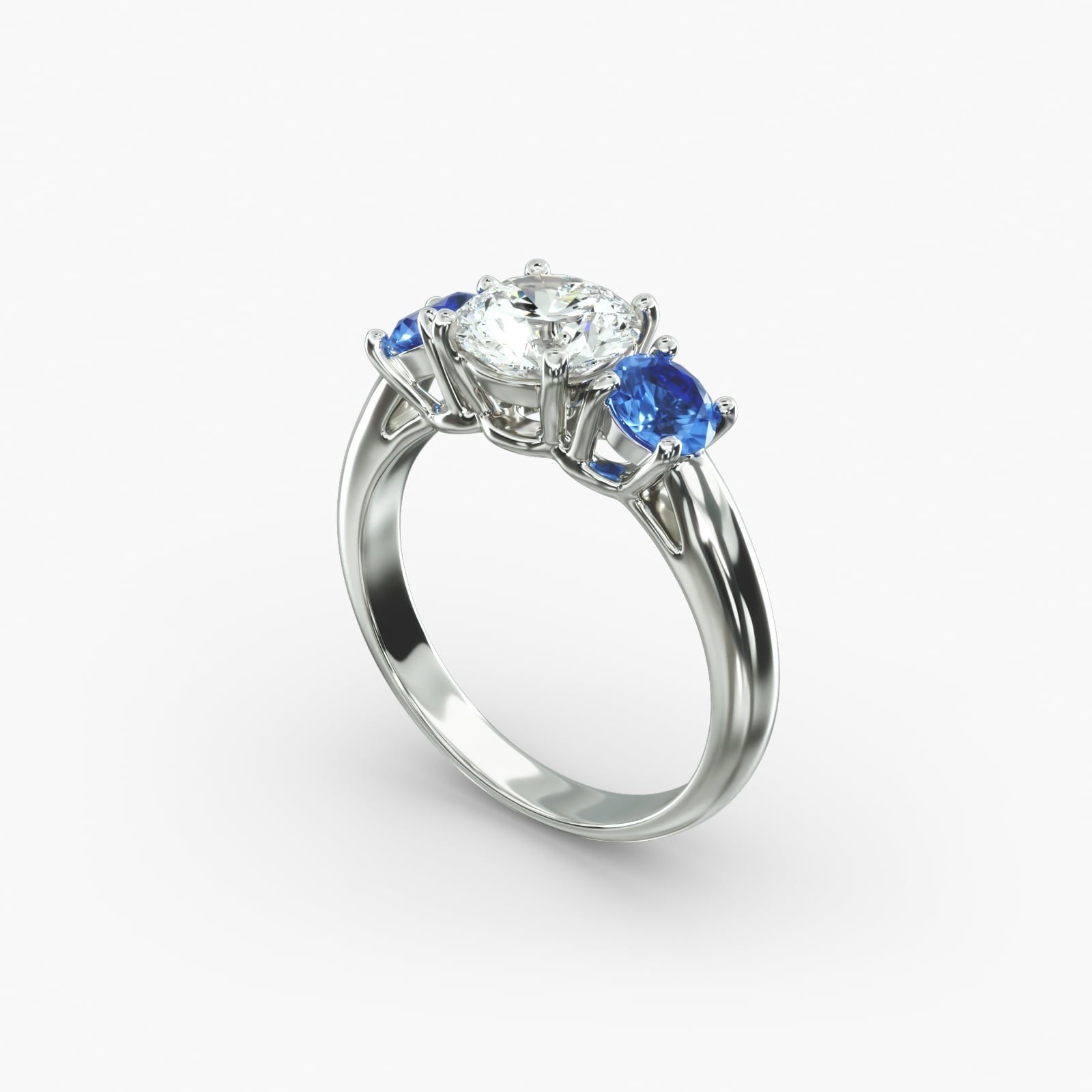 14K White Gold Three Stone Round Blue Sapphire Engagement Ring