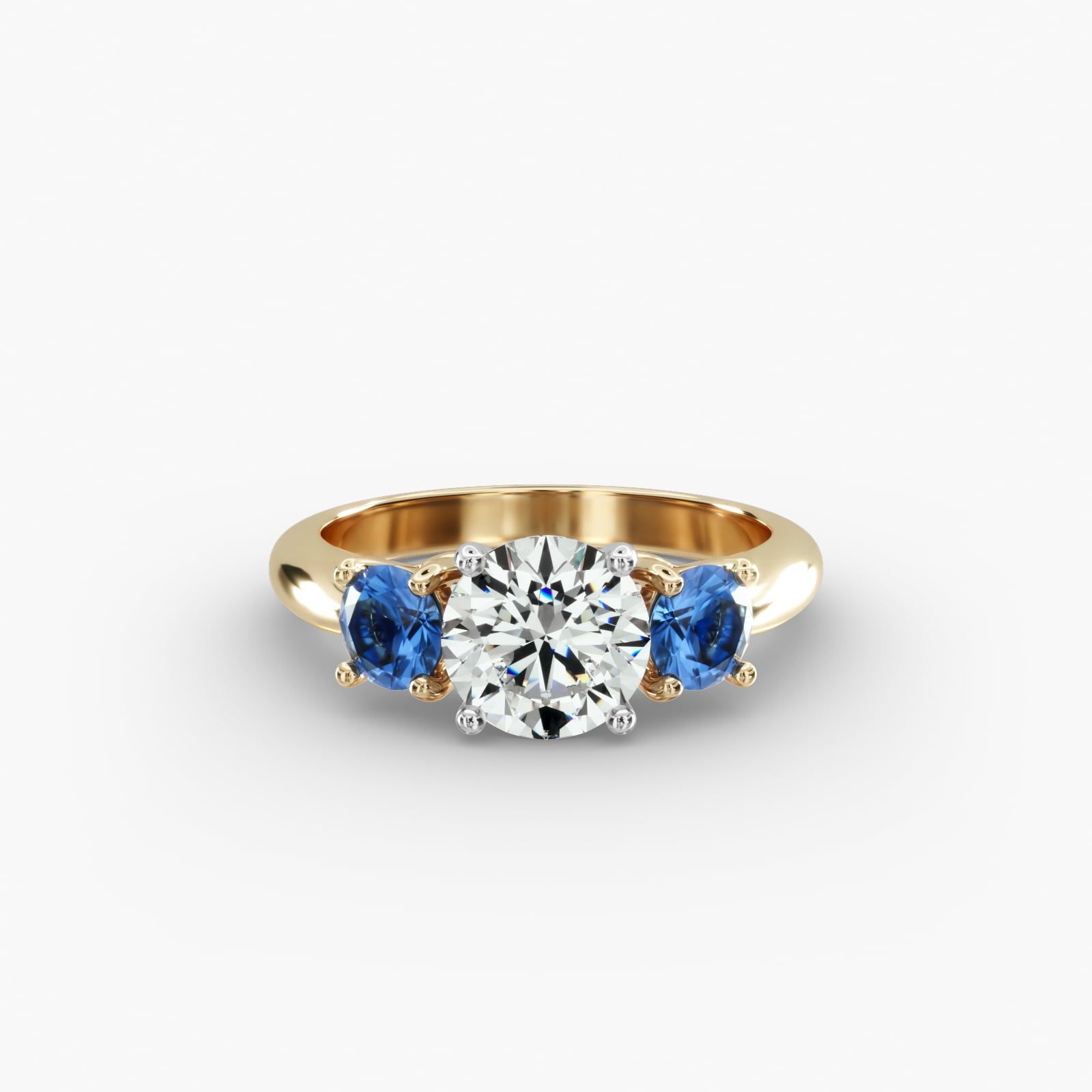 Three Stone Blue Sapphire .8ctw Engagement Ring in 18K Yellow Gold 2.20mm Width Band Setting Price