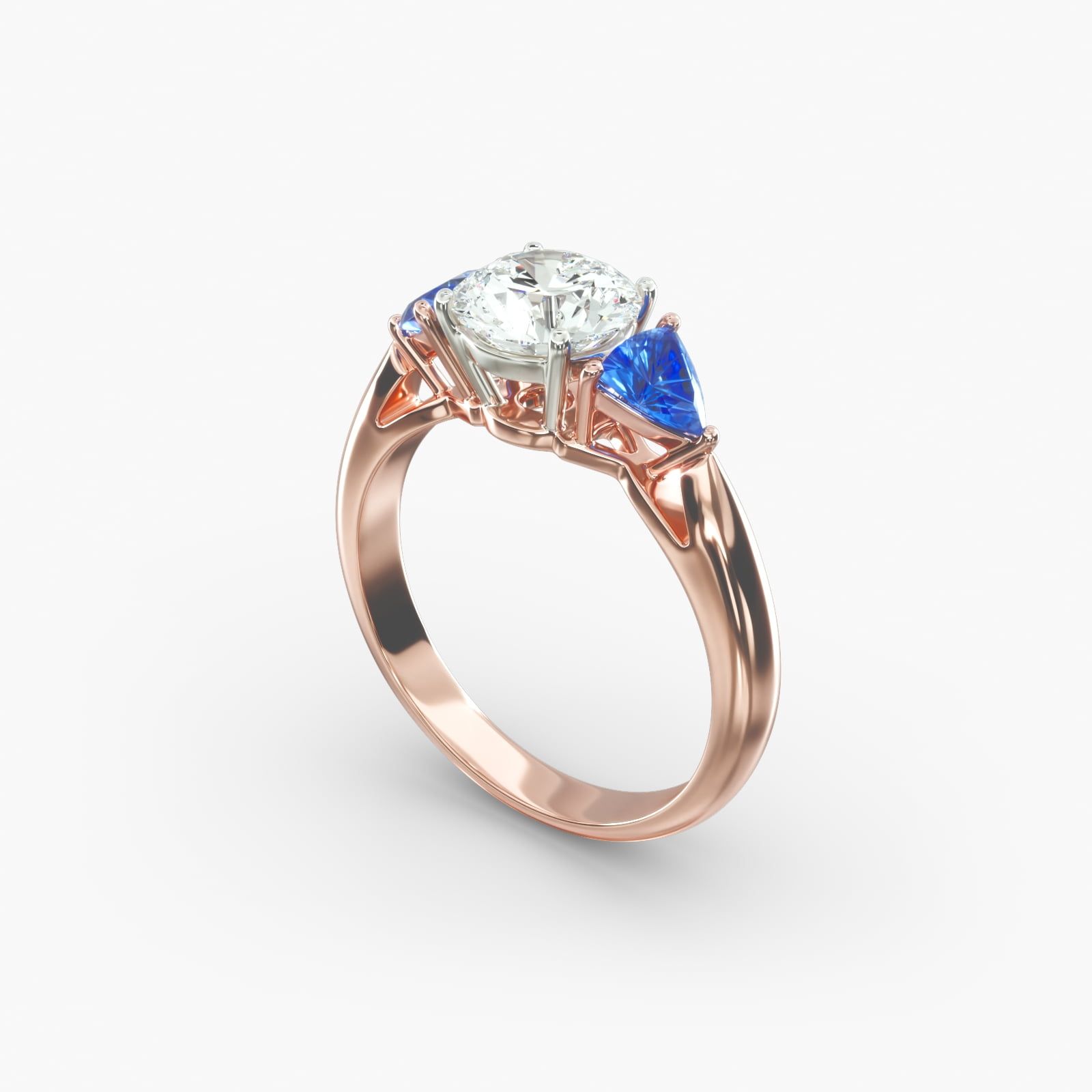 14K Rose Gold Three Stone Trillion Shaped Blue Sapphire Engagement Ring 11151r14