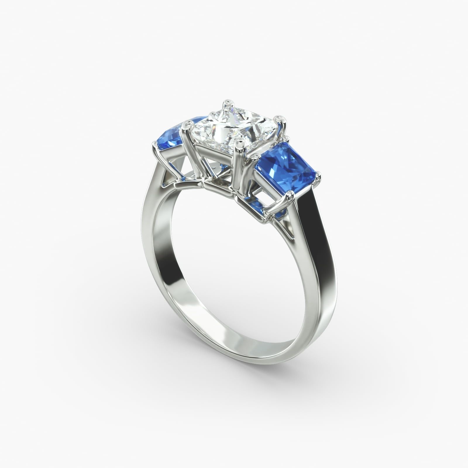 18K White Gold Three Stone Princess Shaped Blue Sapphire Engagement Ring