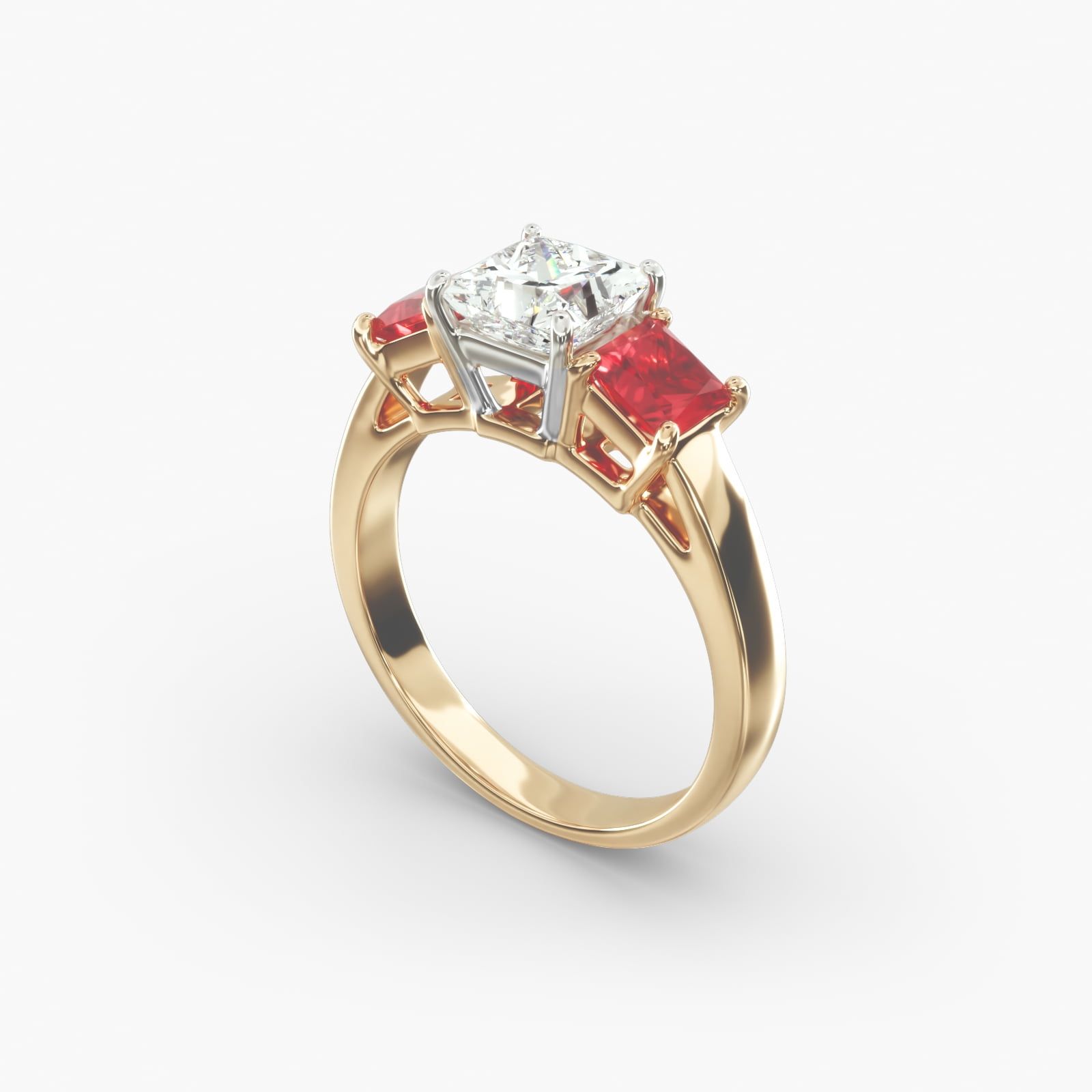18K Yellow Gold Three Stone Princess Shaped Ruby Engagement Ring 11156y