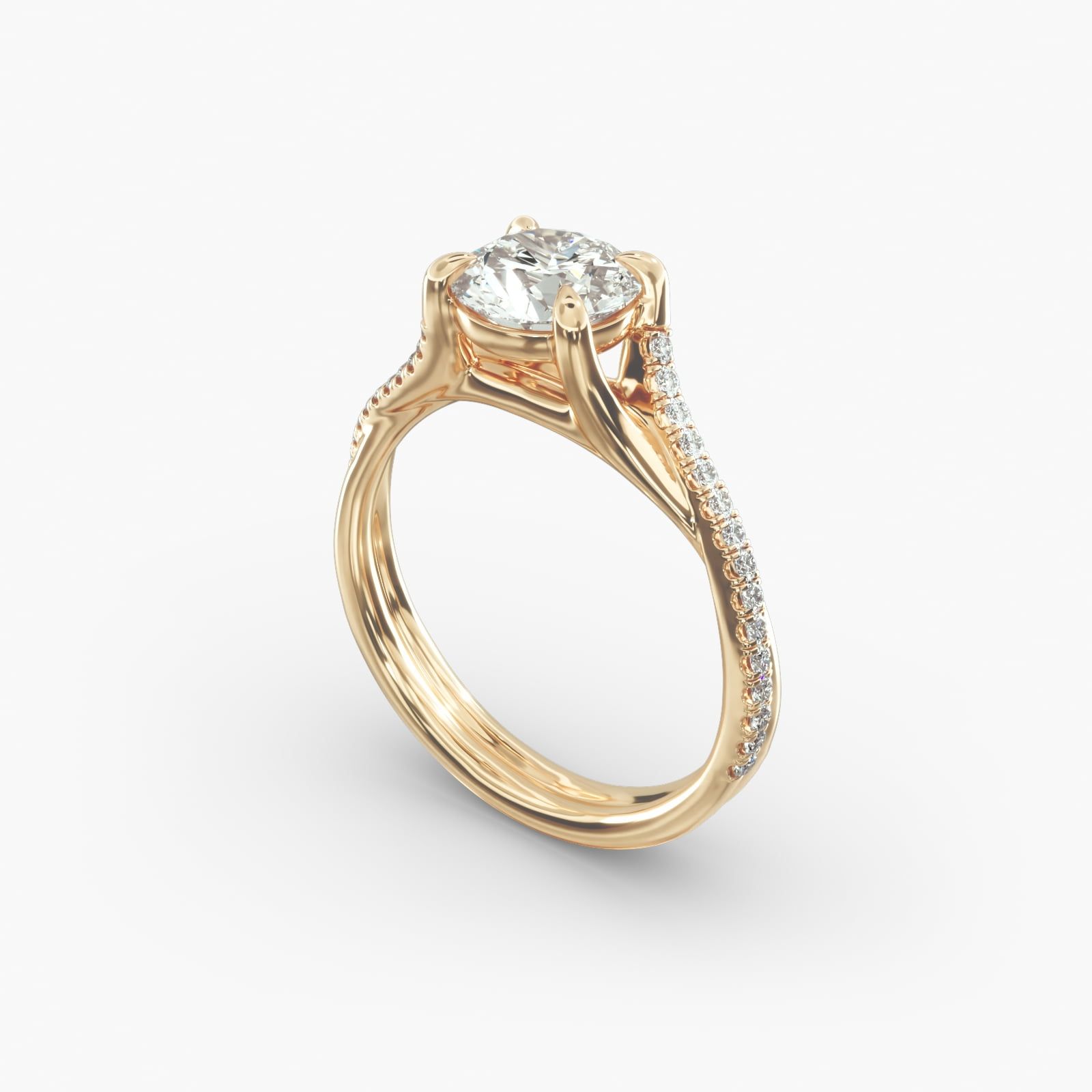 14K Yellow Gold Twisted Pave Shank Contemporary Diamond Engagement Ring