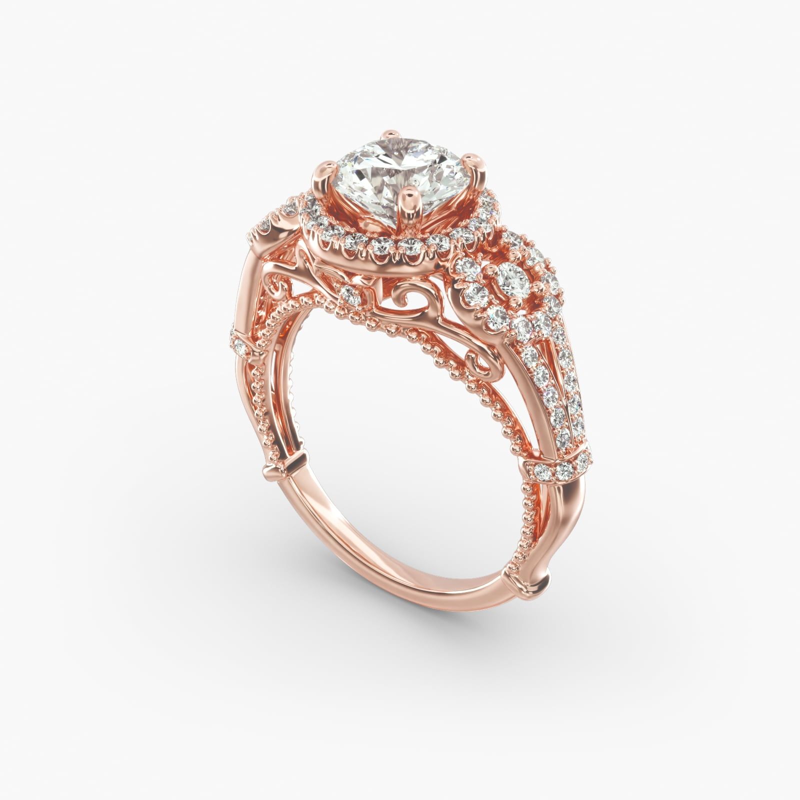 14K Rose Gold Three Stone Decorative Bridge Engagement Ring 17034r14