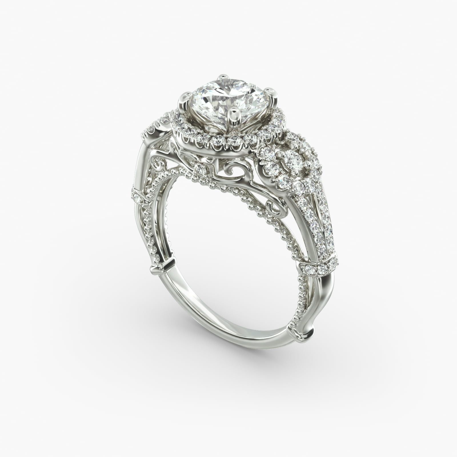 14K White Gold Three Stone Decorative Bridge Engagement Ring