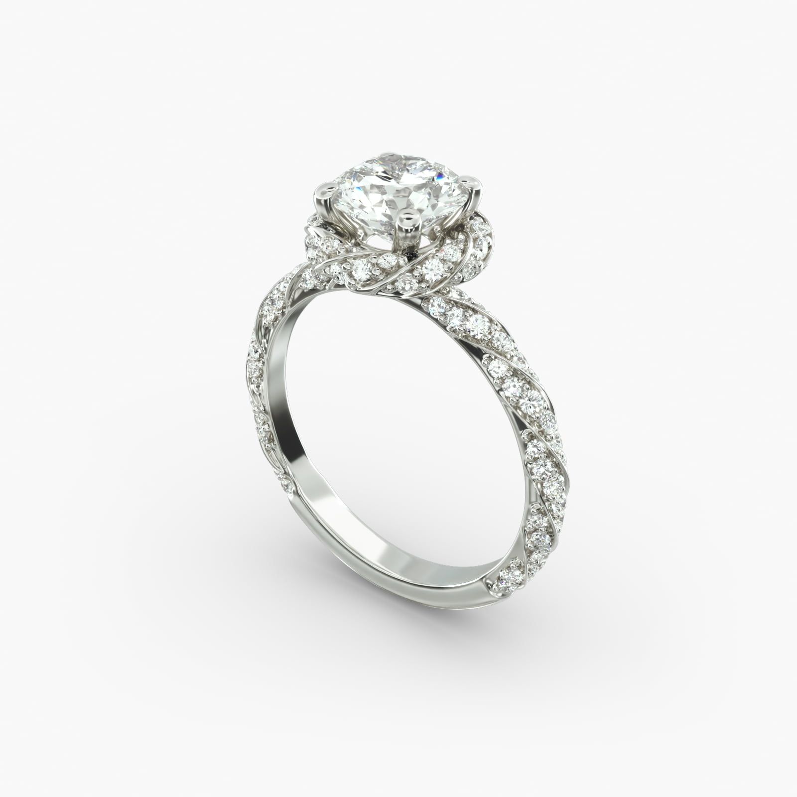 14K White Gold Twisted Pave Halo Engagement Ring
