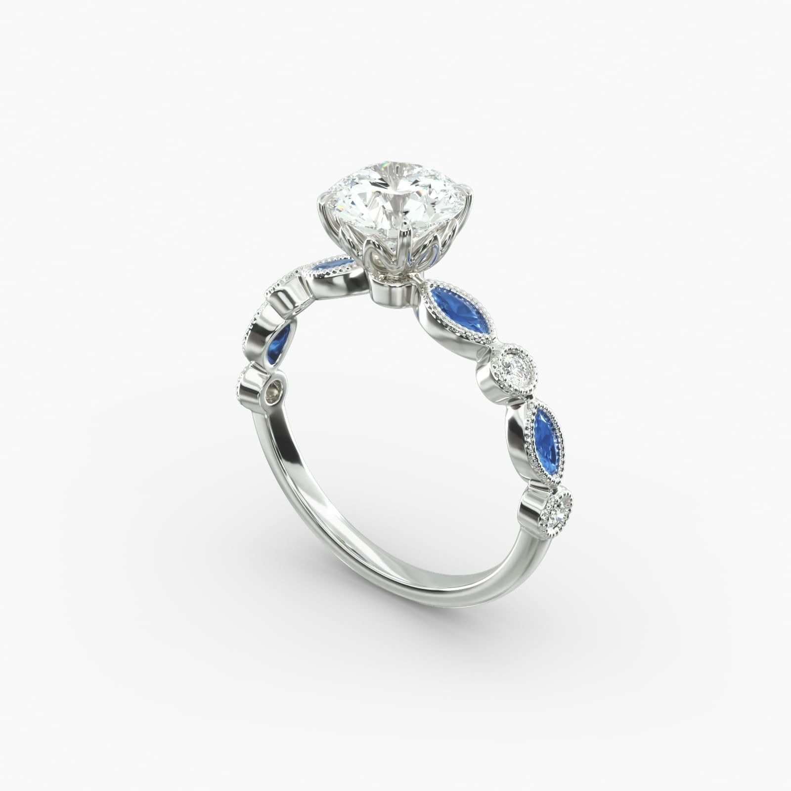 14K White Gold Vintage Round Diamond and Marquise Sapphire Engagement Ring