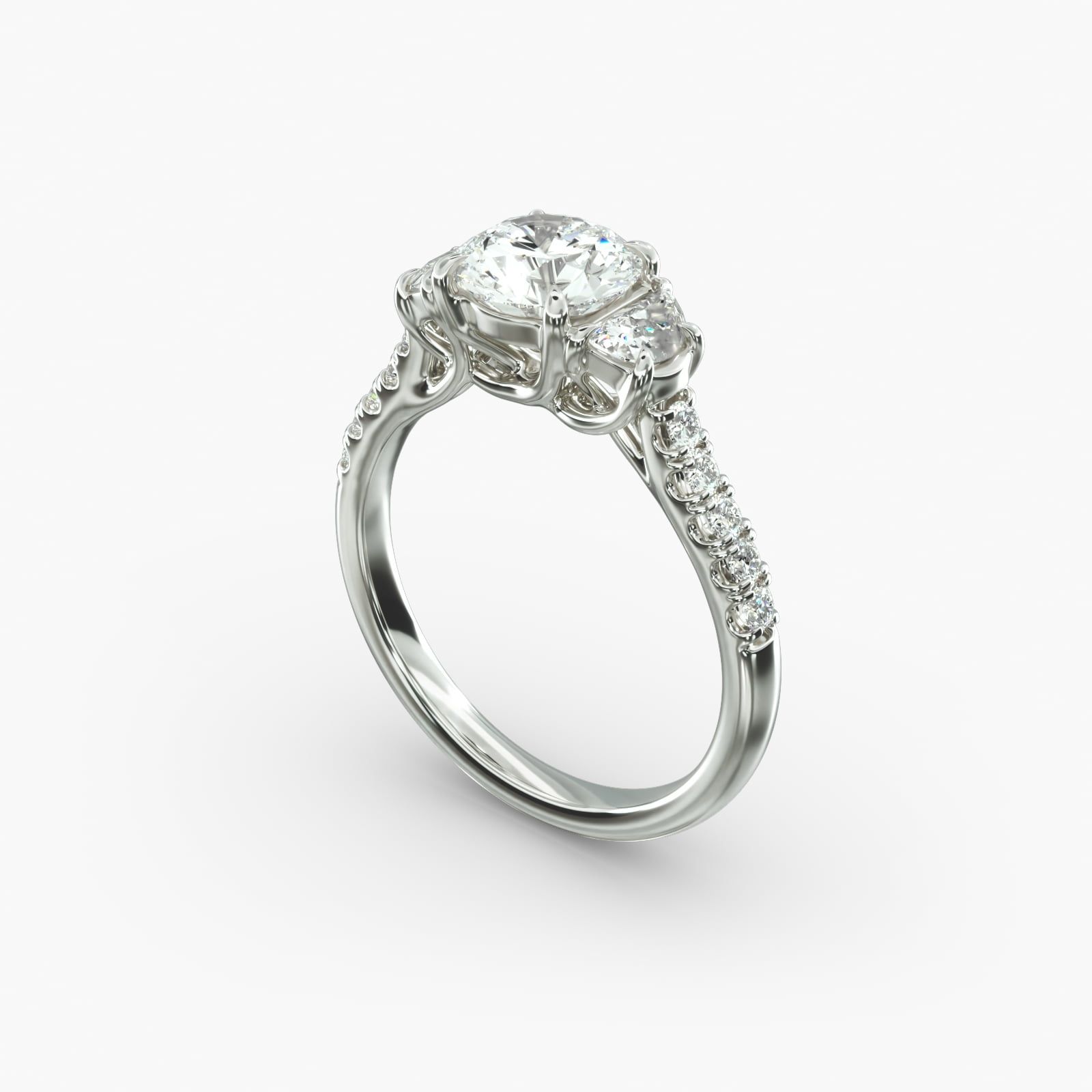 14K White Gold Three Stone Trellis Pave Diamond Engagement Ring Half Moon 17207w14