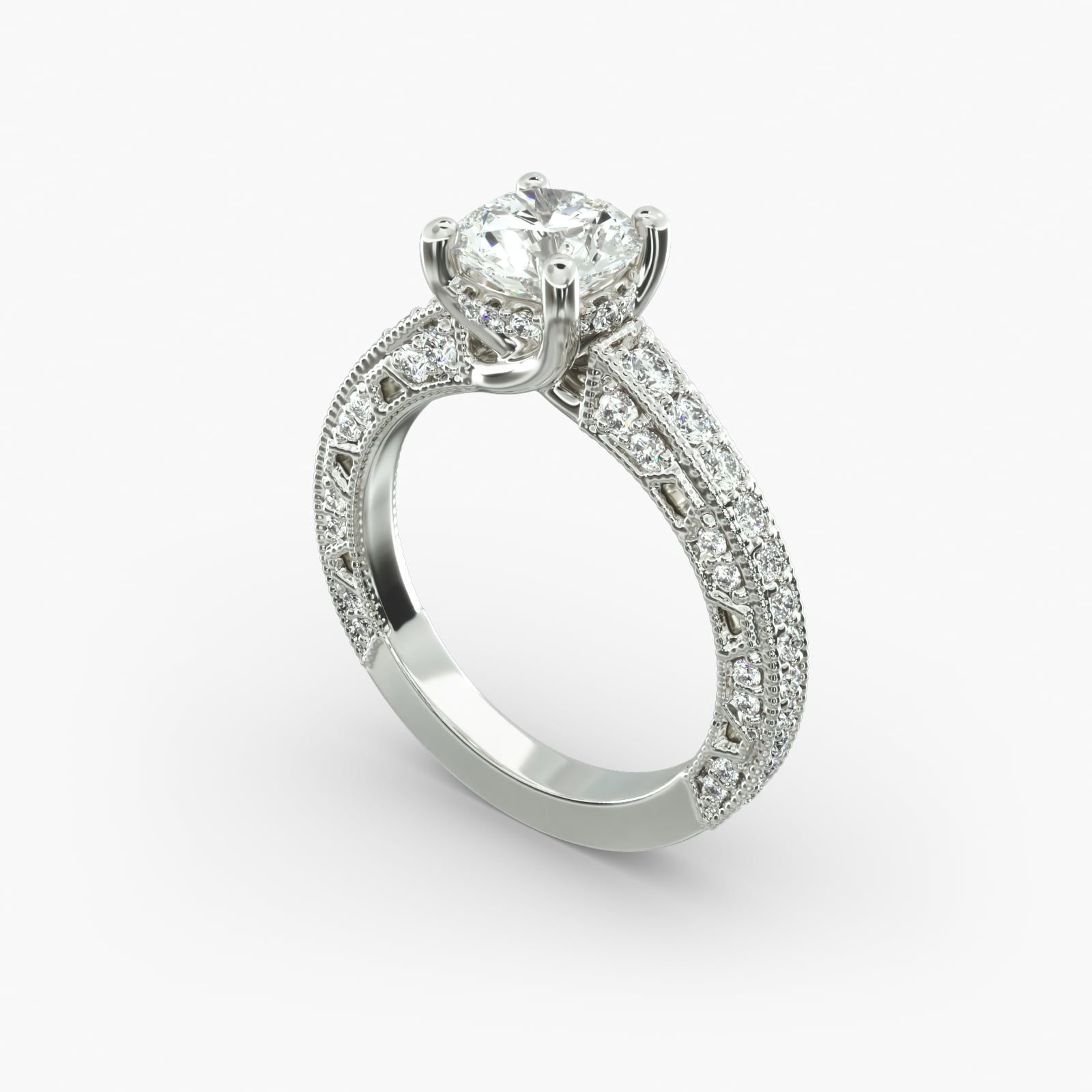 18K White Gold Milgrain Lace Pave Engagement Ring