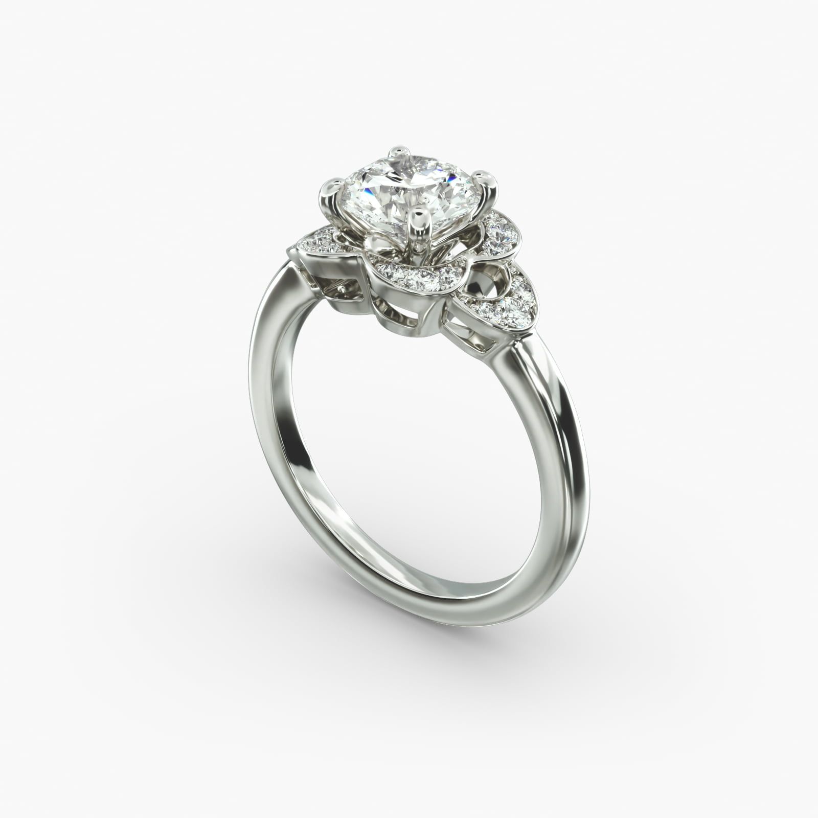 14K White Gold Art Deco Inspired Flower Halo Engagement Ring