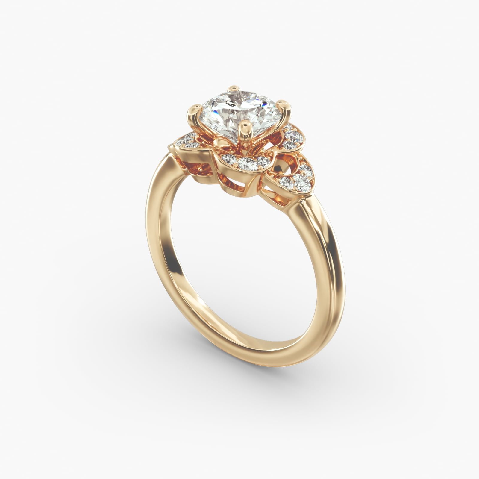 18K Yellow Gold Art Deco Inspired Flower Halo Engagement Ring