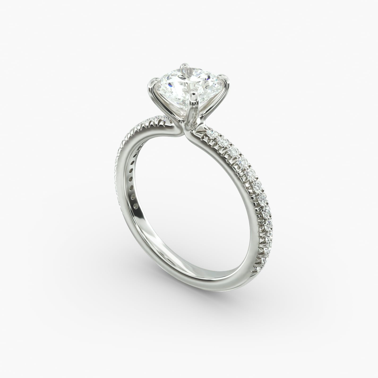 1.71ct Round Pave Contour Sleek 4 Prong Diamond Engagement Ring Excellent Cut J Color VVS2 Clarity 1.75mm Platinum