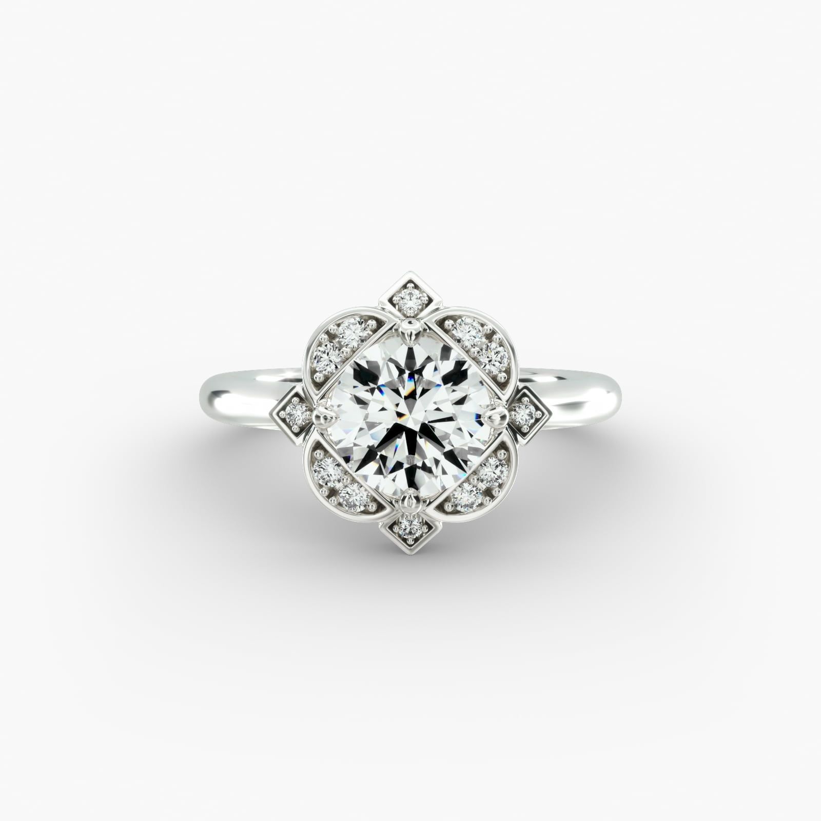 14K White Gold Art Deco Inspired Floral Halo Engagement Ring 17779w14