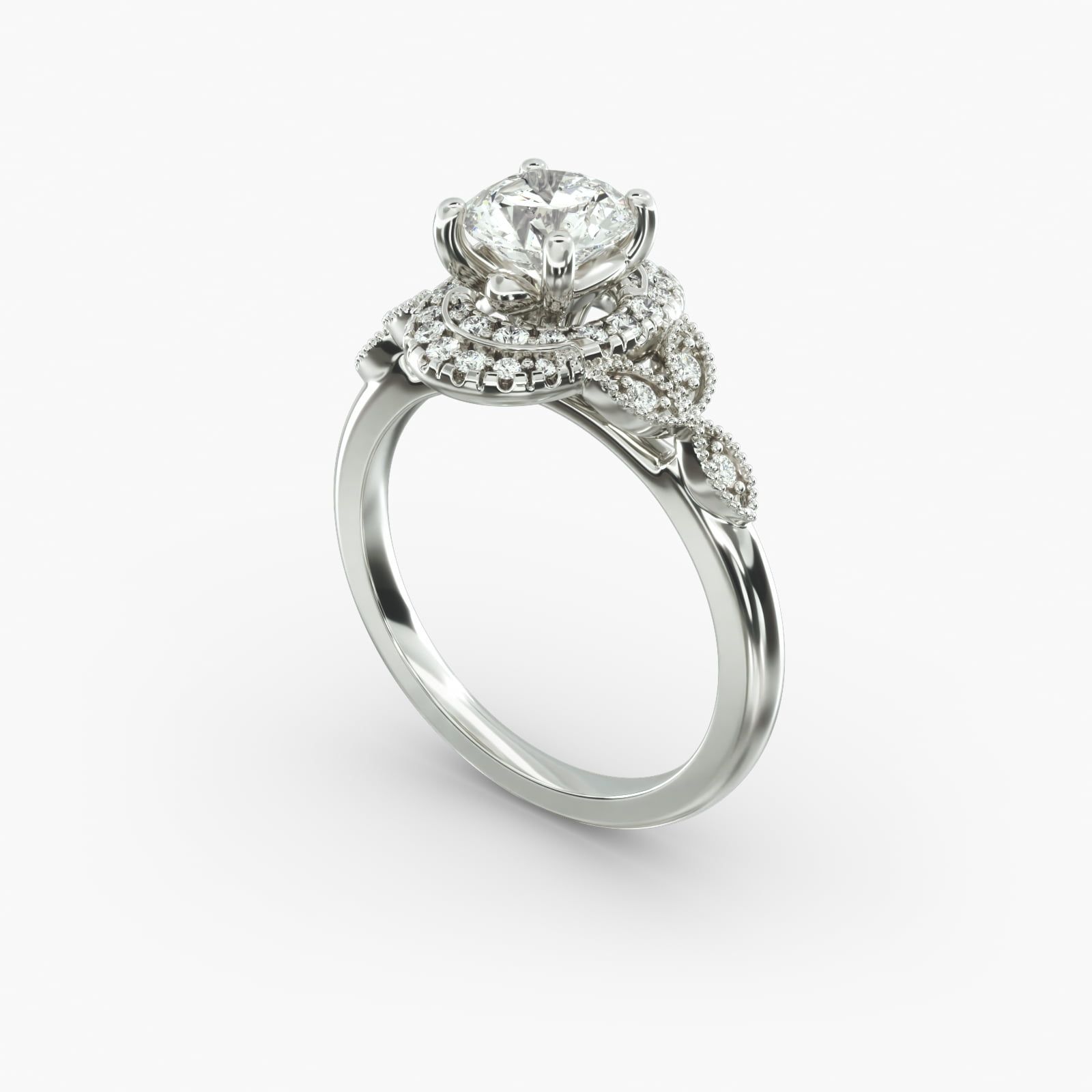 14K White Gold Swirling Oval Shape Halo Engagement Ring 17825w14
