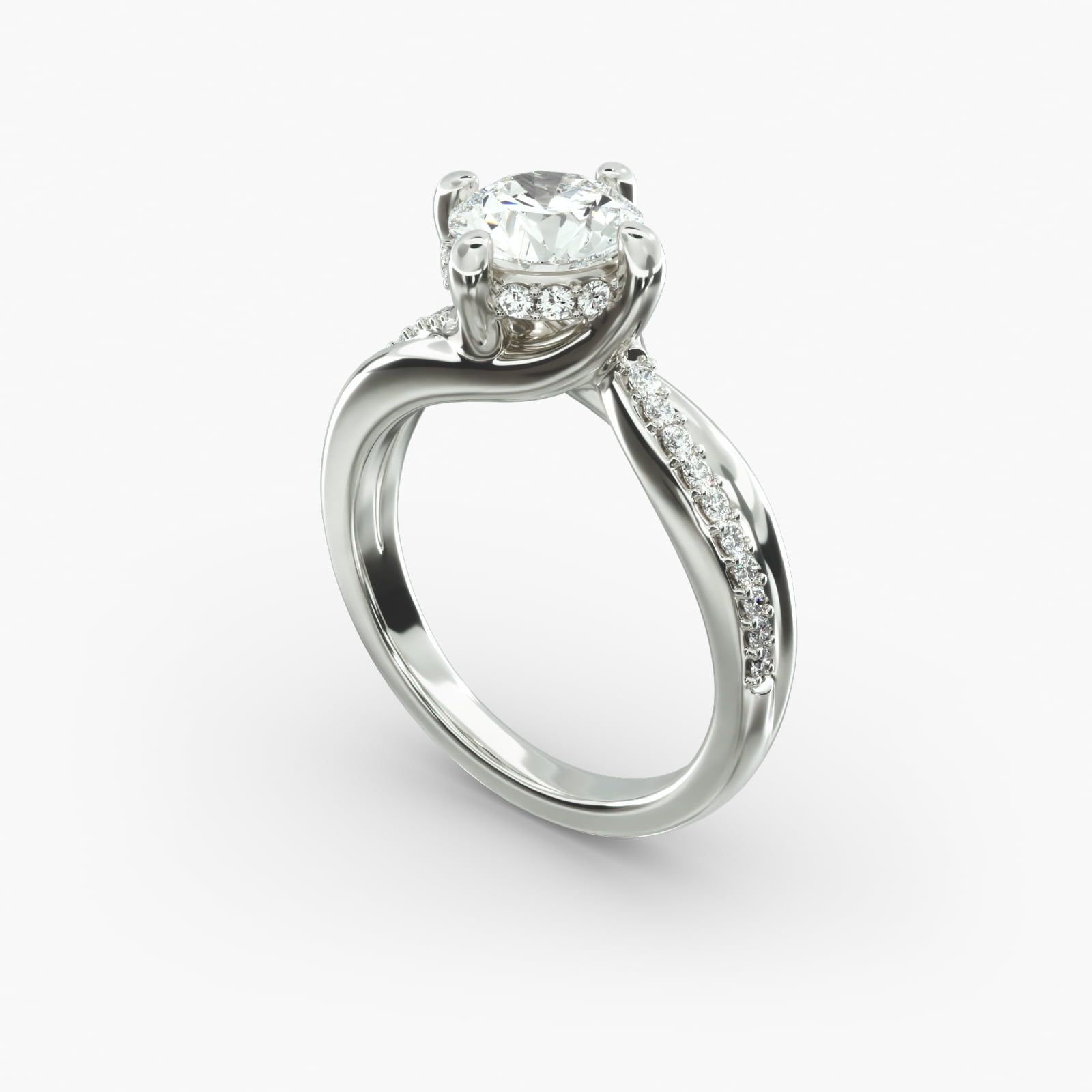 14K White Gold Twisted Pave Kite Set Engagement Ring
