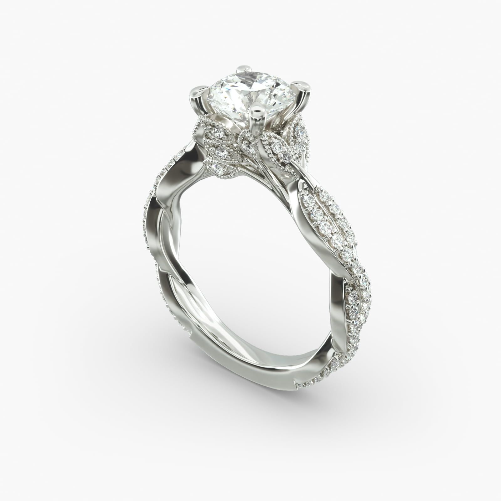 14K White Gold Twisted Pave Leaf Engagement Ring