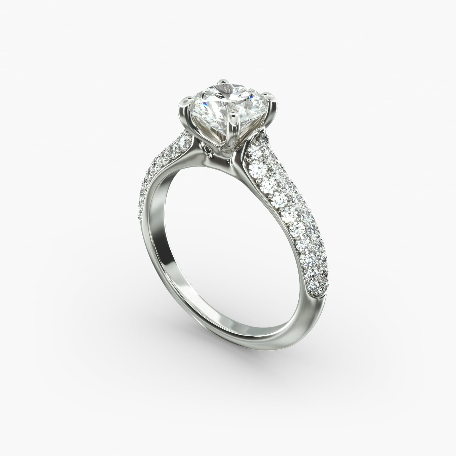 14K White Gold Graduated Triple Row Pave Engagement Ring