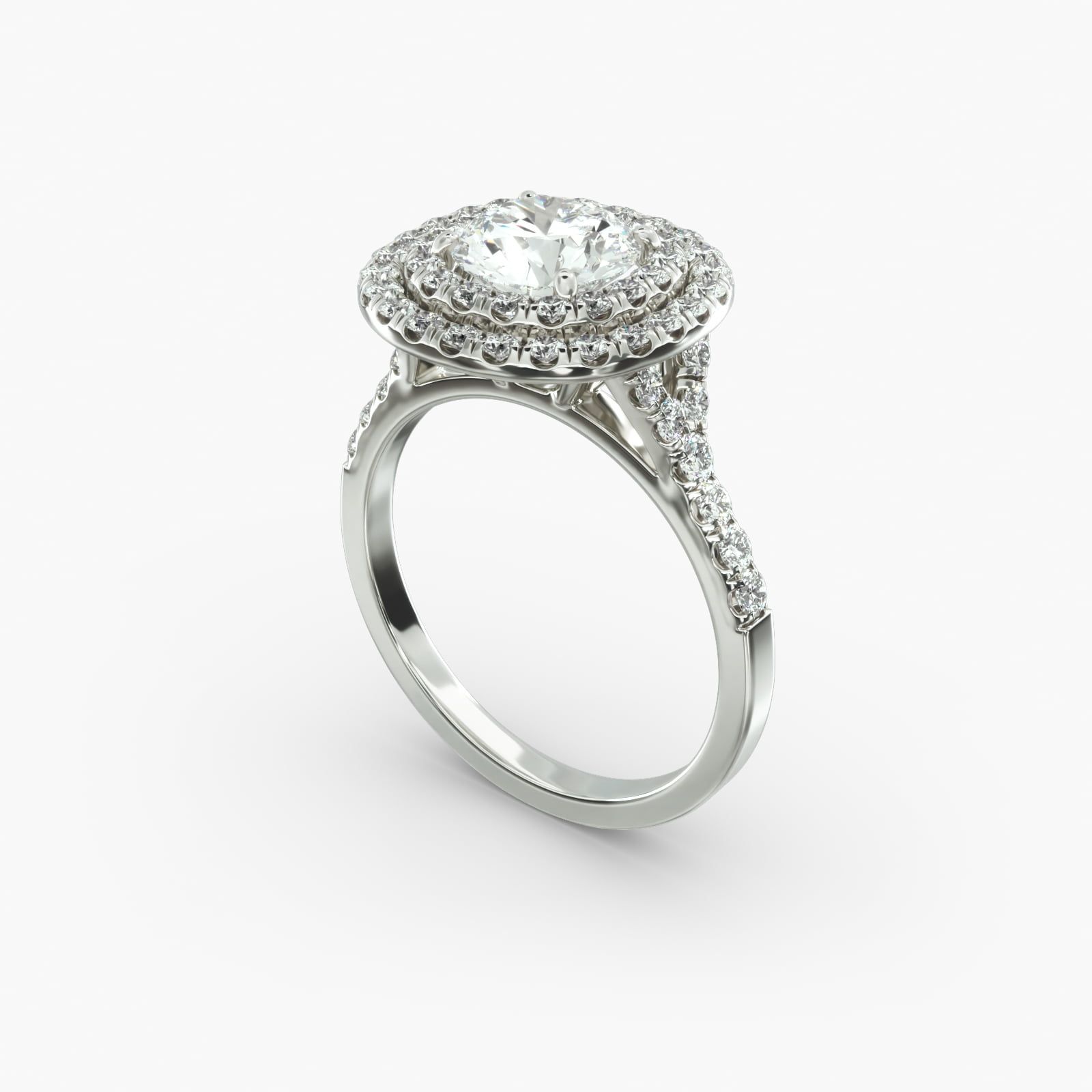 14K White Gold Diamond Split Shank Double Halo Pave Engagement Ring