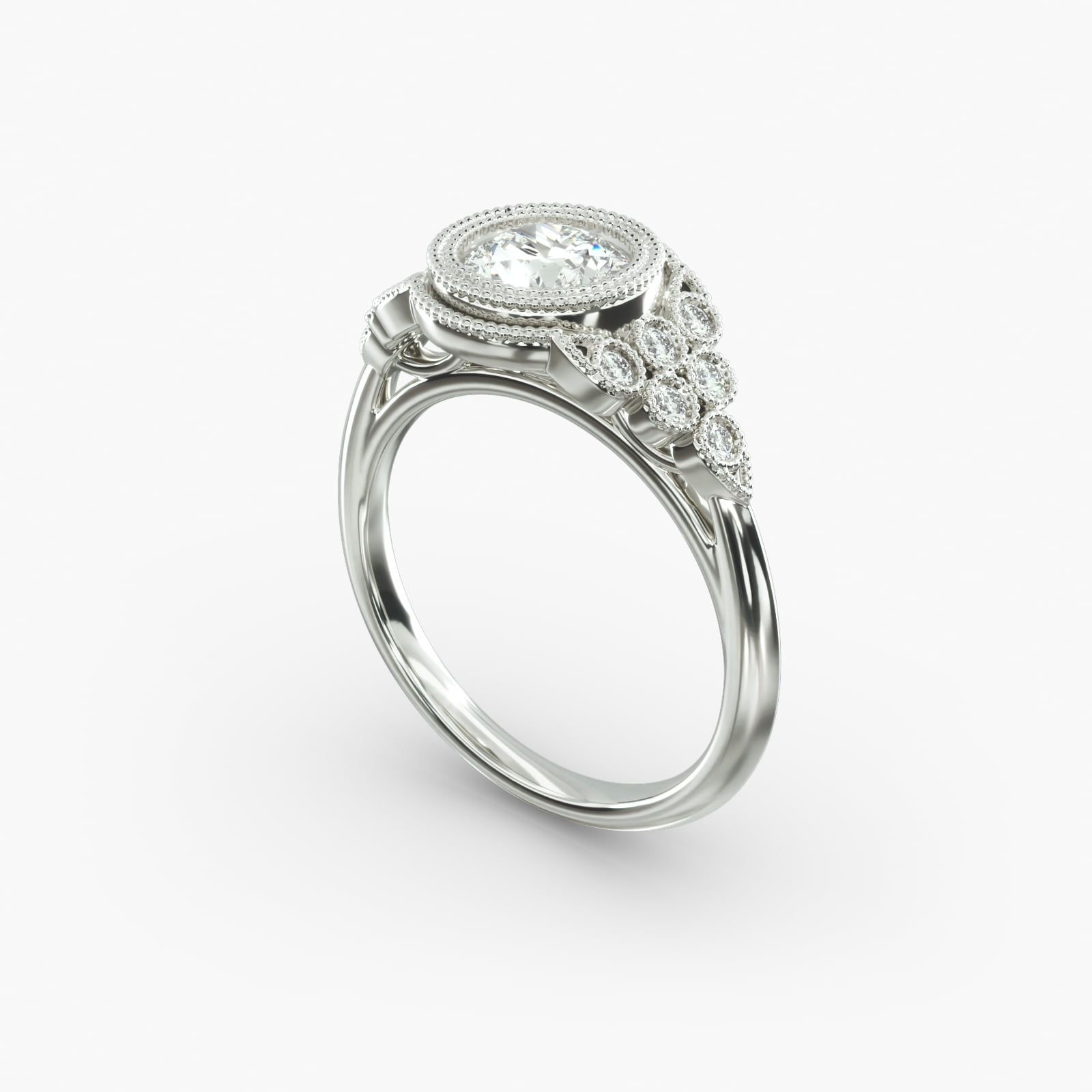 14K White Gold Beaded Bezel Set Diamond Engagement Ring 18020w14
