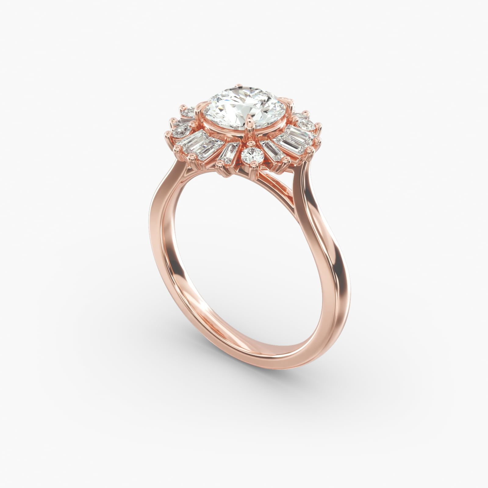14K Rose Gold Baguette Ballerina Halo Diamond Engagement Ring 18022r14