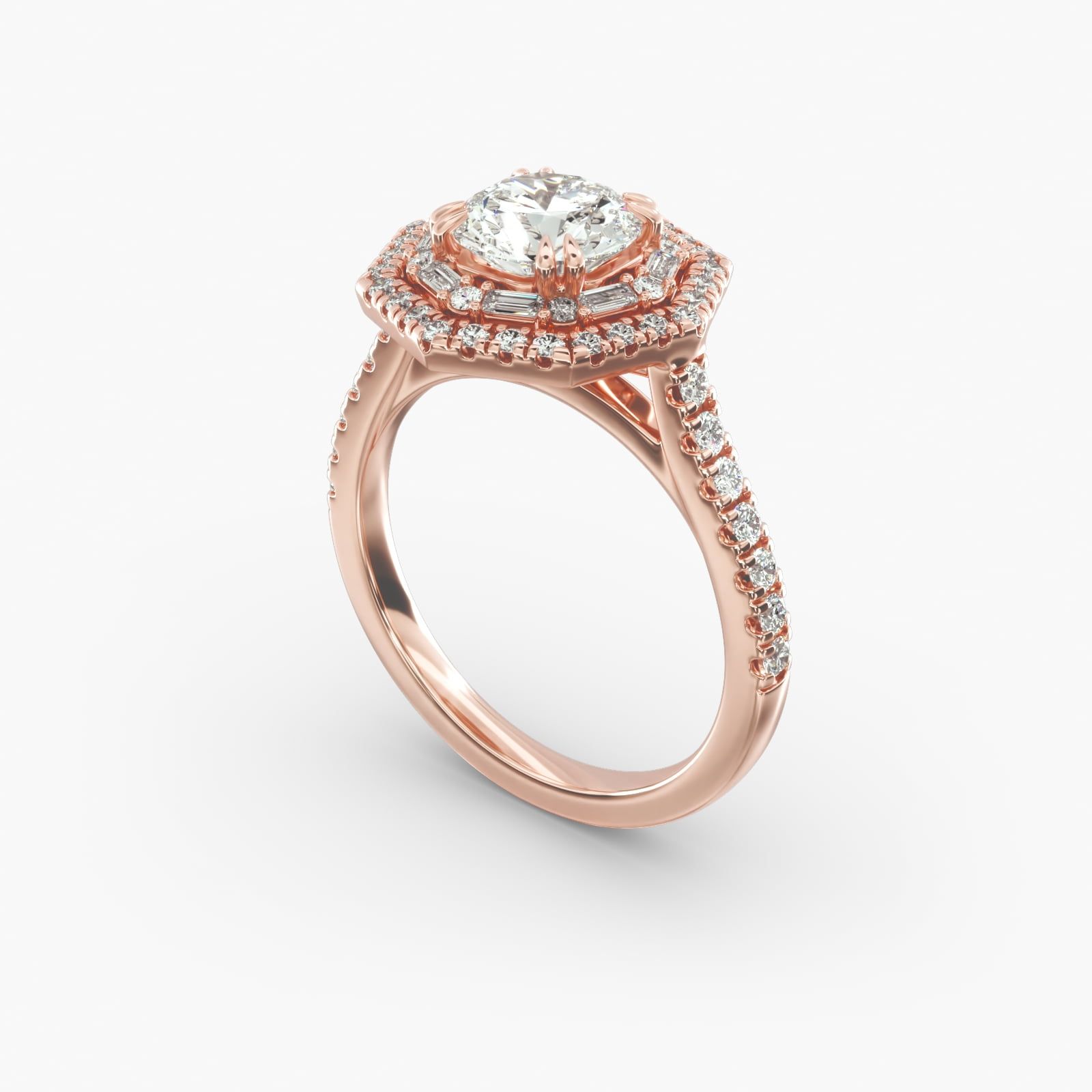 14K Rose Gold Octagonal Baguette and Round Double Halo Diamond Engagement Ring 18033r14