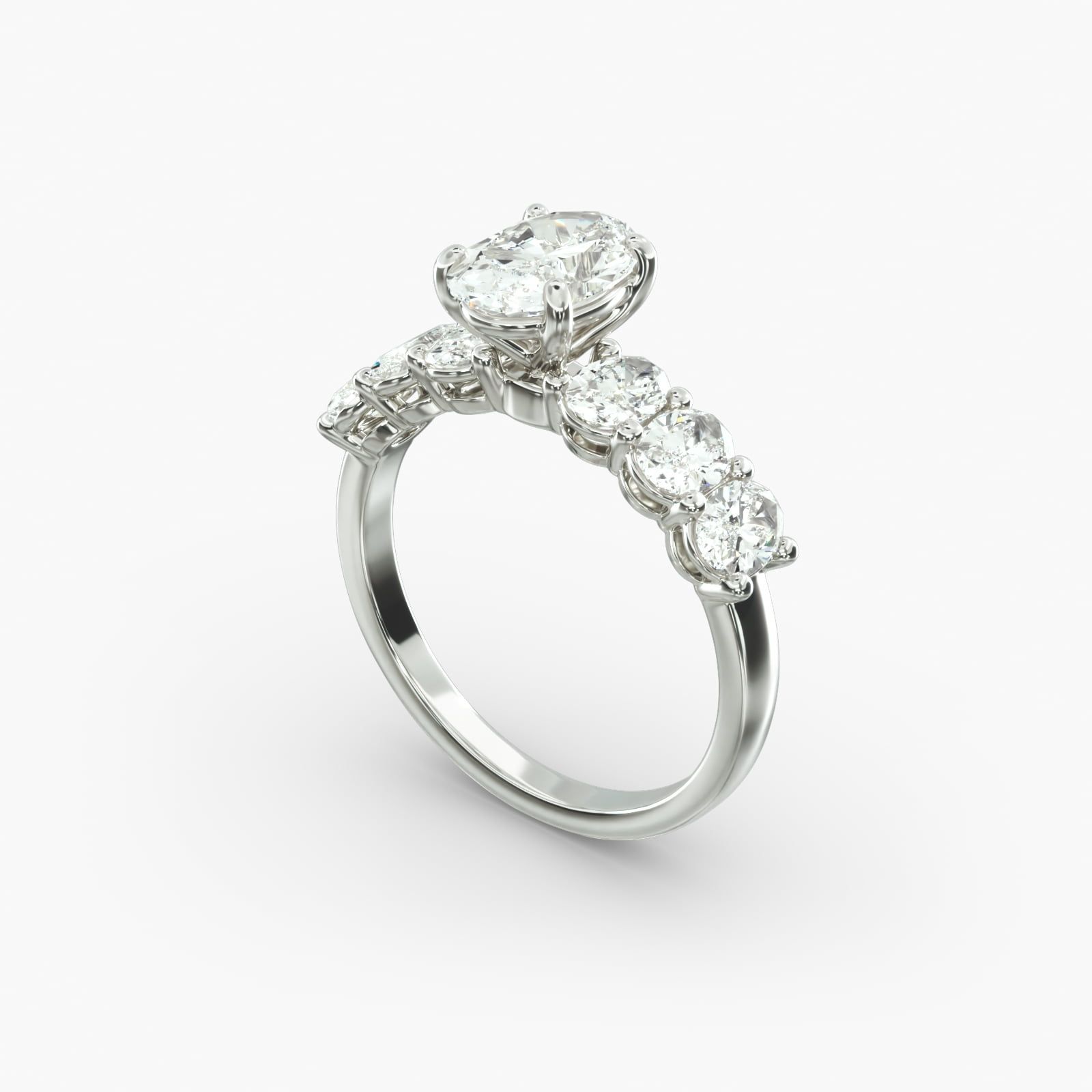 14K White Gold Oval Side Stone Diamond Engagement Ring
