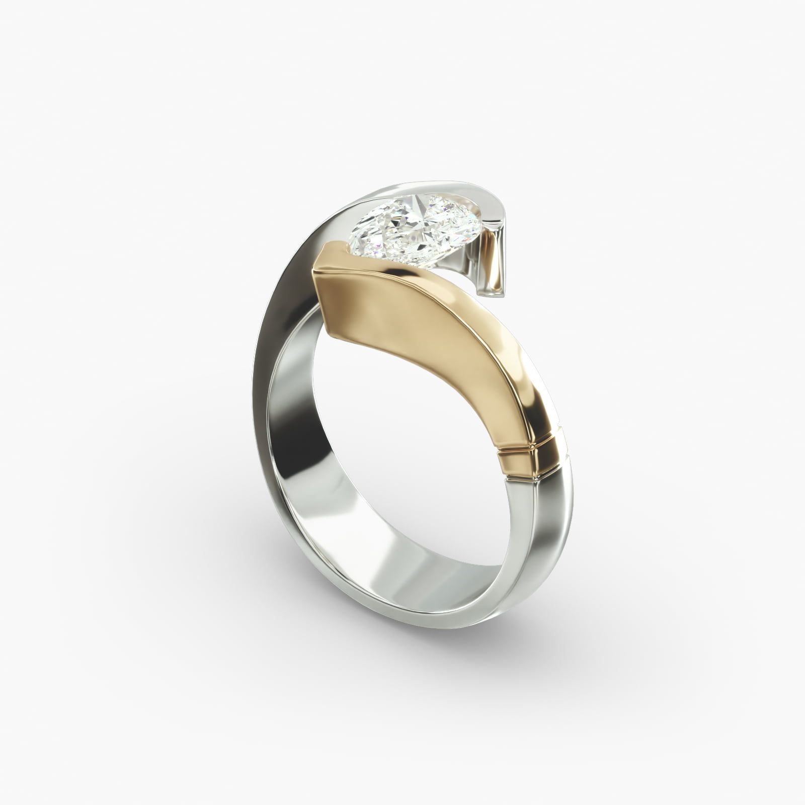 14K Two Tone White and Yellow Gold Pear Shaped Swirl Tension Setting
