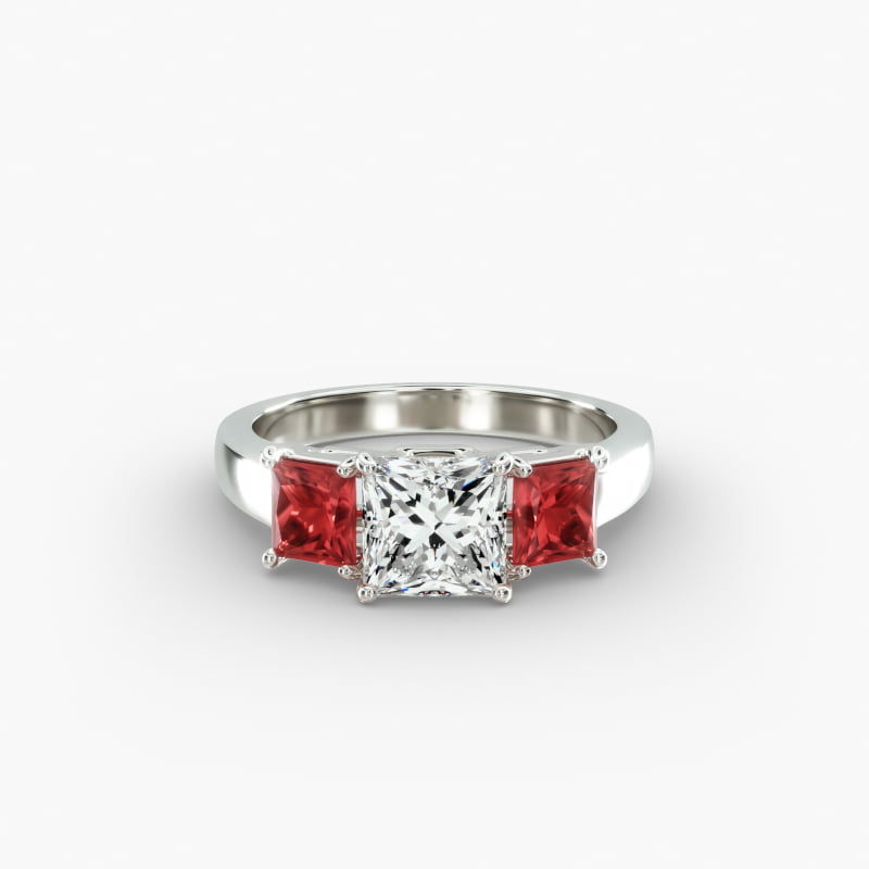Princess Cut Ruby Three Stone Engagement Ring In 14K White Gold