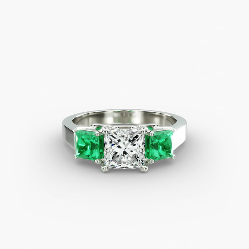 Step-Cut Emerald Three Stone Engagement Ring In 14K White Gold