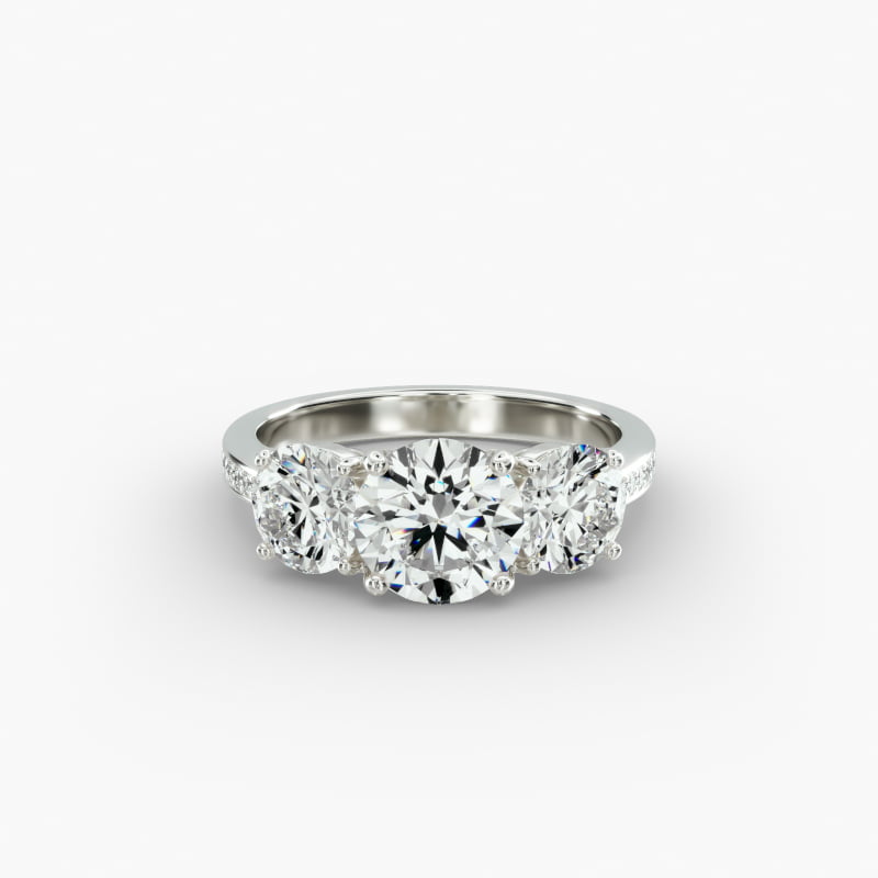 Round Diamond Three Stone Engagement Ring With Pavé Set Diamonds In 14K White Gold