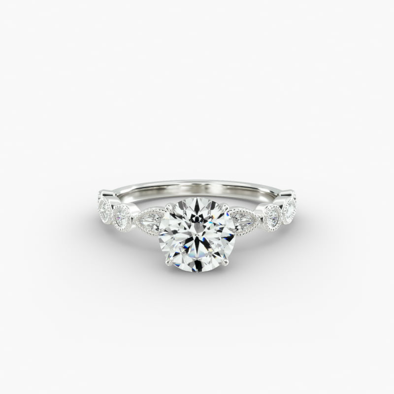 14K White Gold Round and Marquise Shape Diamond Engagement Ring