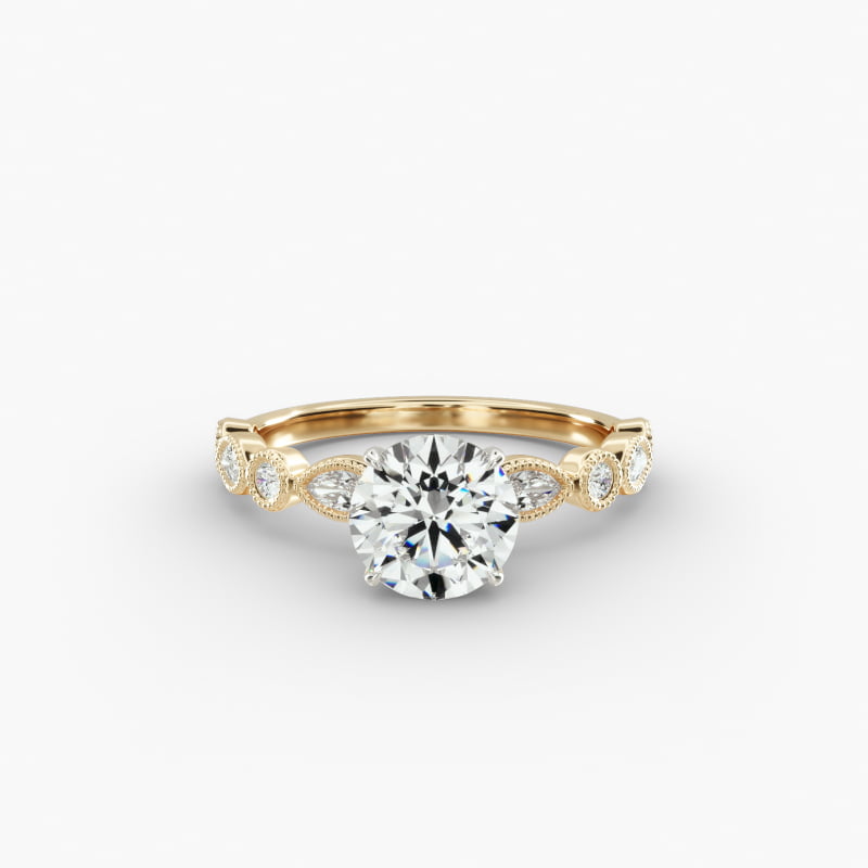 14K Yellow Gold Round and Marquise Shape Diamond Engagement Ring