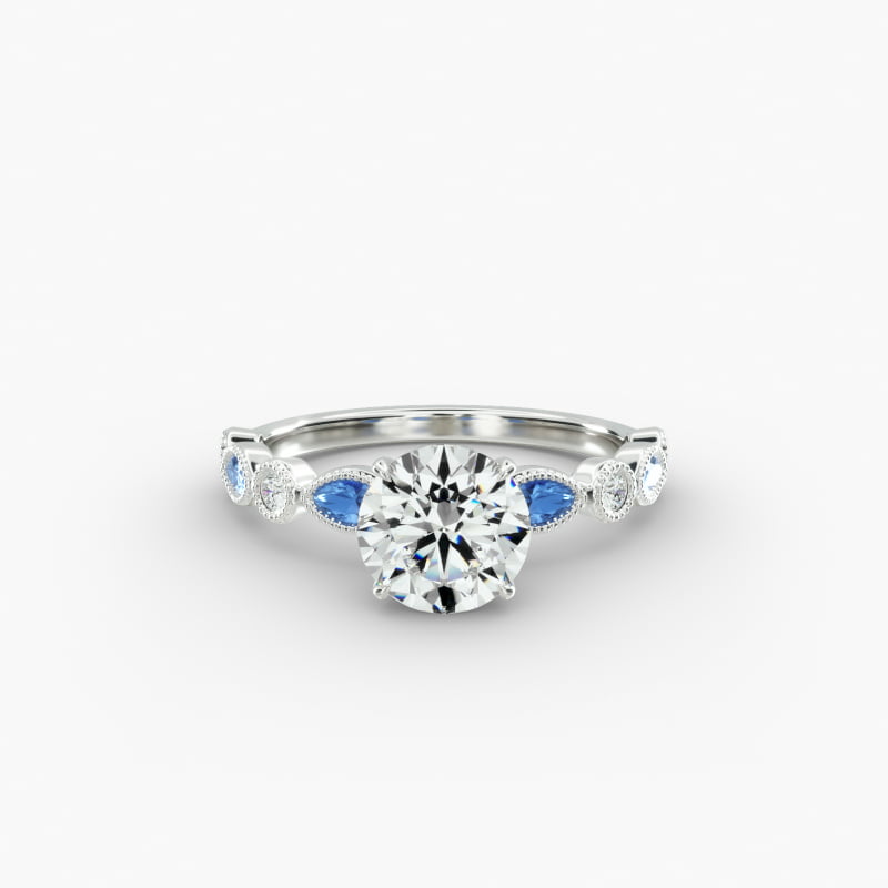 14K White Gold Vintage Round Diamond and Marquise Sapphire Engagement Ring