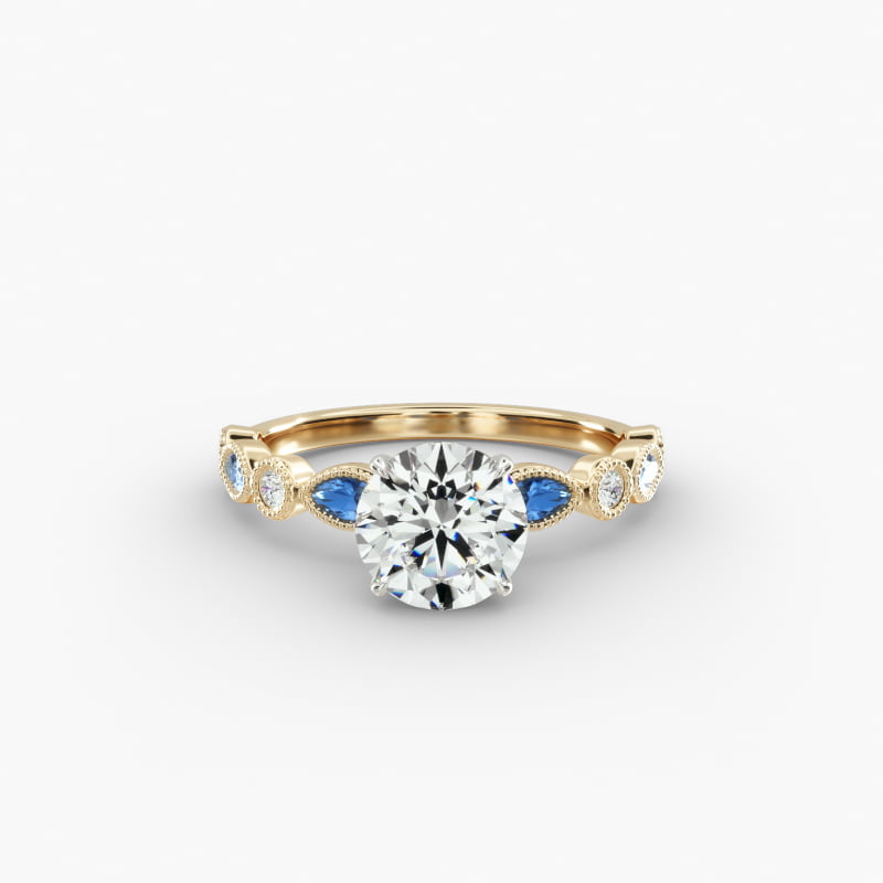 14K Yellow Gold Vintage Round Diamond and Marquise Sapphire Engagement Ring