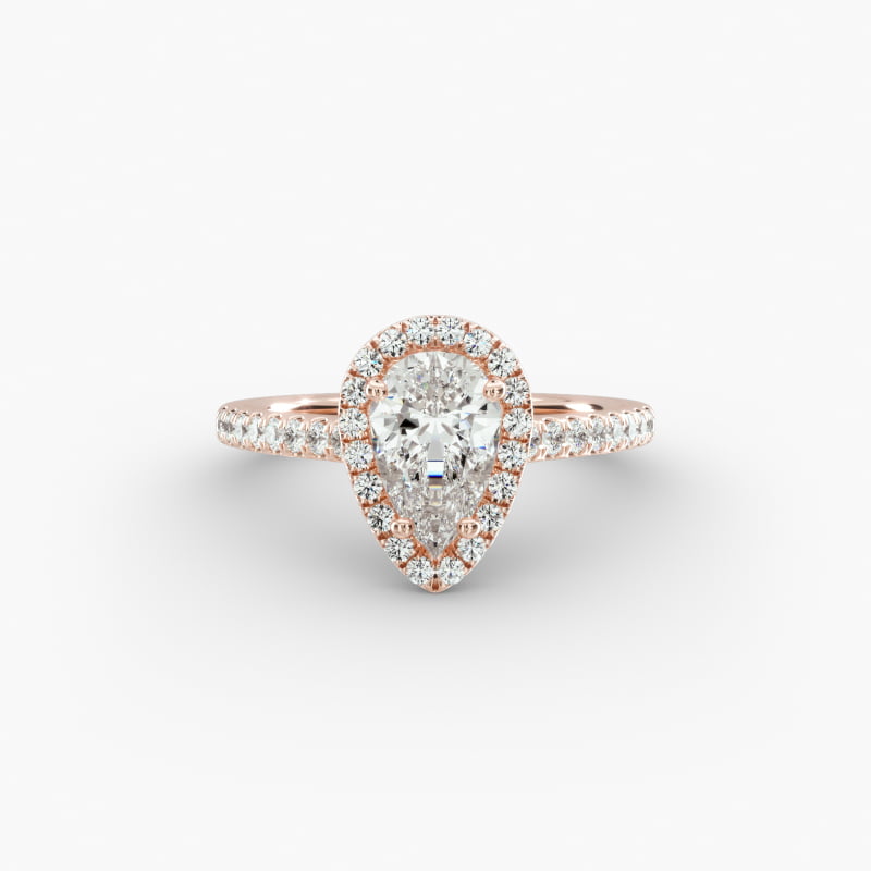 14K Rose Gold Pavé Halo and Shank Diamond Engagement Ring (Pear Center)