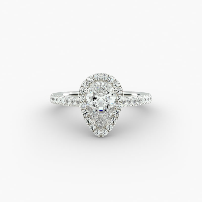 14K White Gold Pavé Halo and Shank Diamond Engagement Ring (Pear Center)