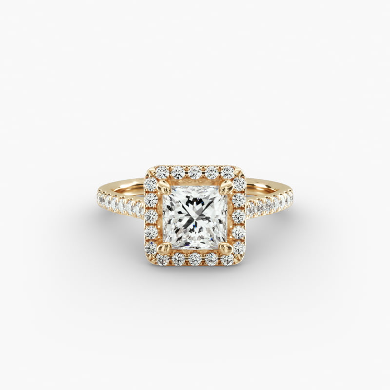 Pavé Halo And Shank Diamond Engagement Ring In 18K Yellow Gold