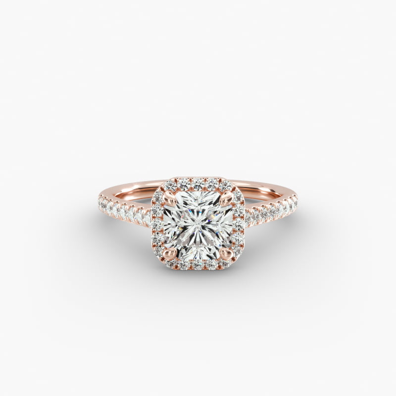 14K Rose Gold Pavé Halo Diamond Engagement Ring (Cushion Emerald, Radiant)