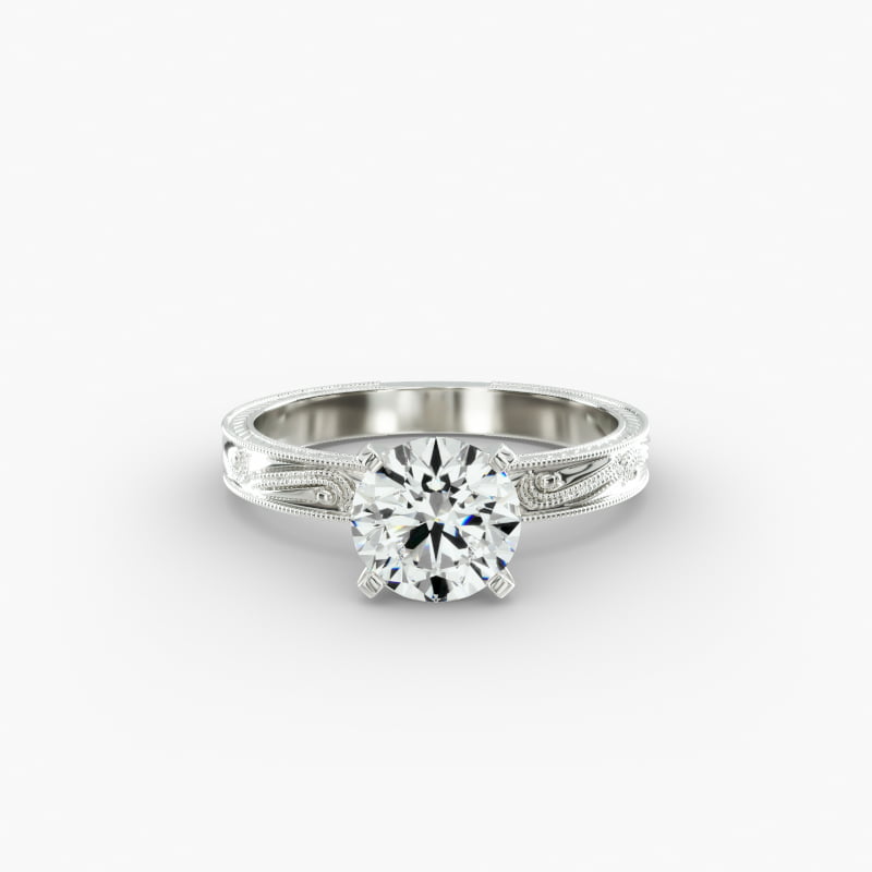 Engraved Solitaire Engagement Ring In 14K White Gold