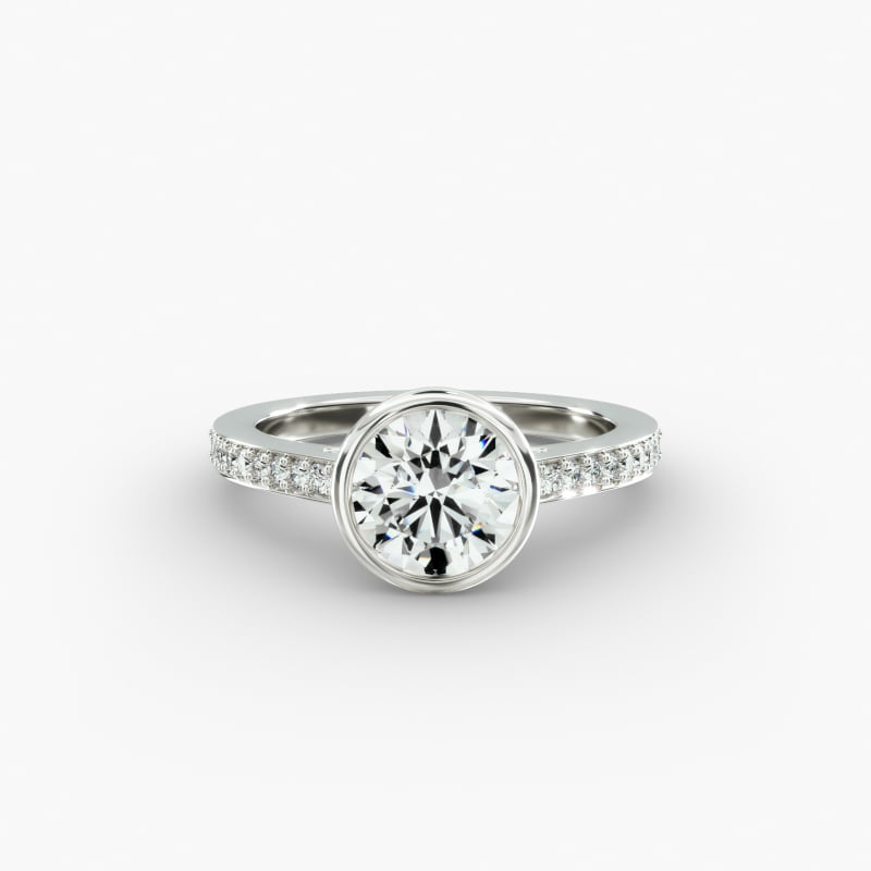 Bezel Set Pavé Diamond Engagement Ring In 14K White Gold