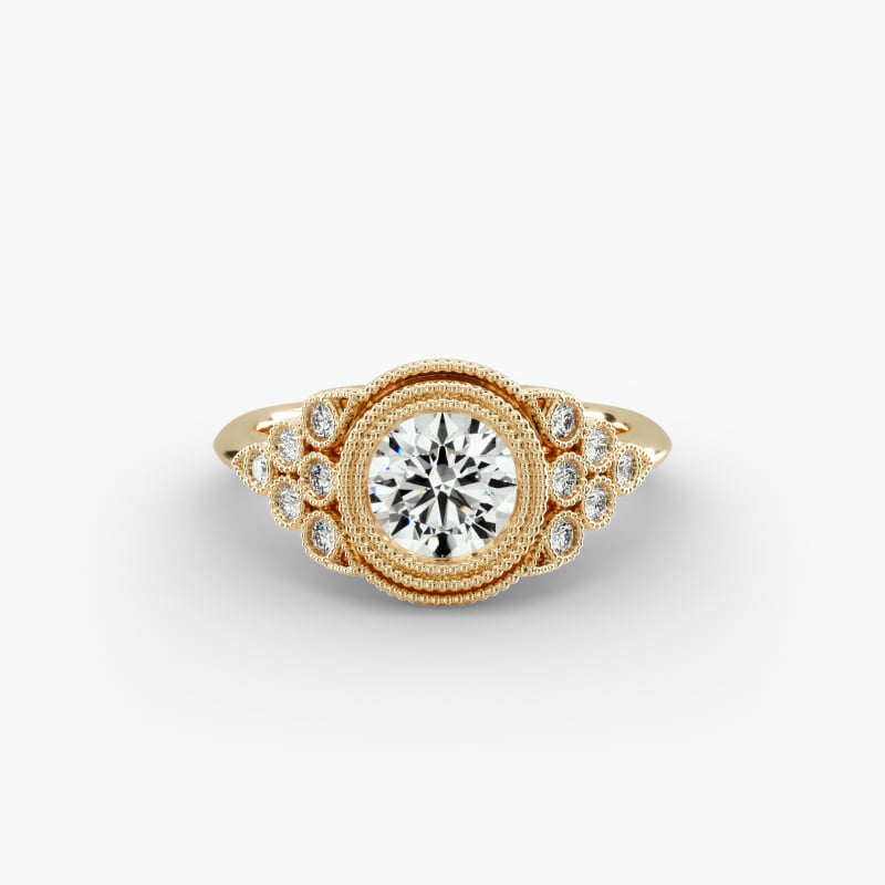 14K Yellow Gold Beaded Bezel Set Diamond Engagement Ring