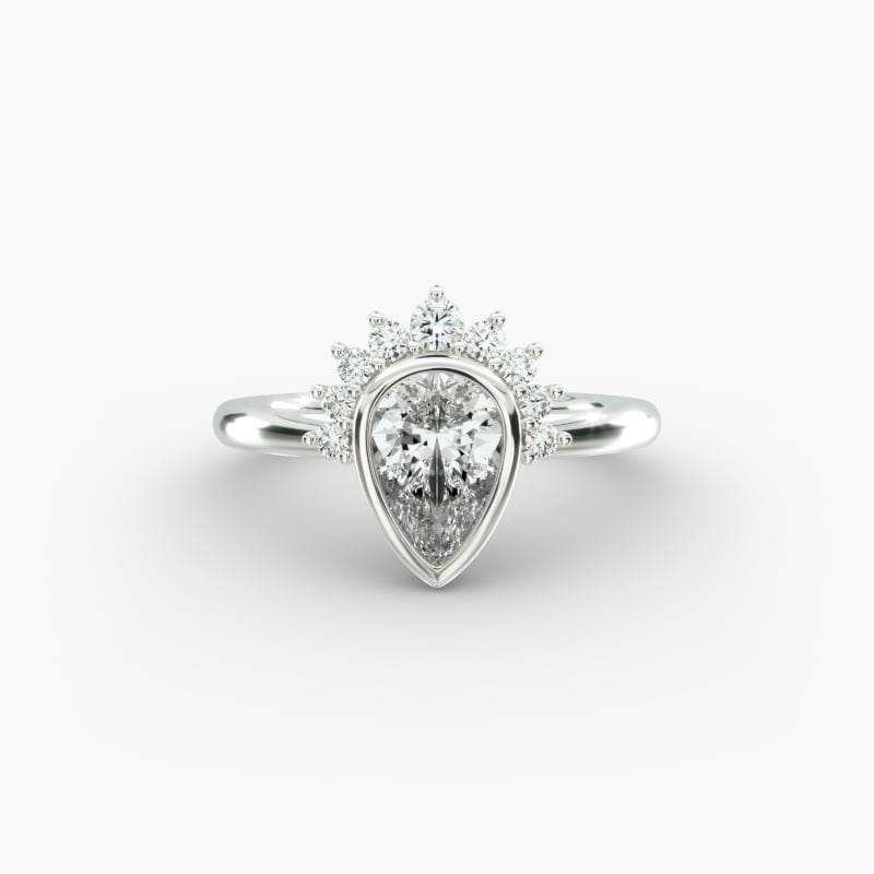 14K White Gold Pear Shape Bezel Set Diamond Tiara Engagement Ring